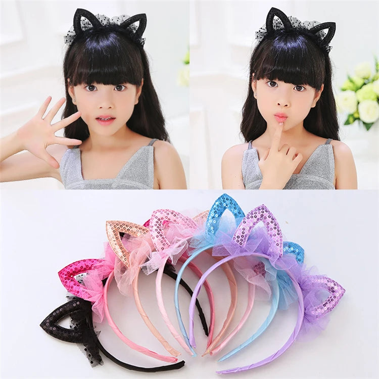 Princess Cat Ears Veil Tiara Girls Kids Hairband Cute Colorful Hair Hoop Hair Accessories