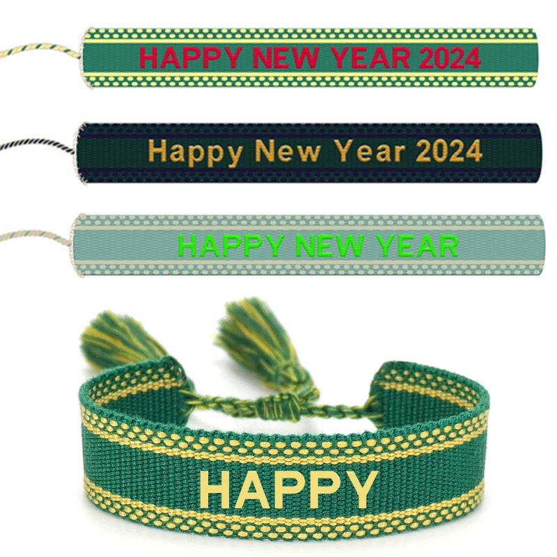 Happy New Year 2024 Tassels Textile Text Letter Custom Friendship Embroidered Name Fabric Woven Bracelet