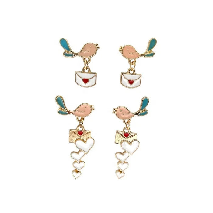 Metal Soft Enamel Literary Bird love Envelope Stud Earrings Jewelry