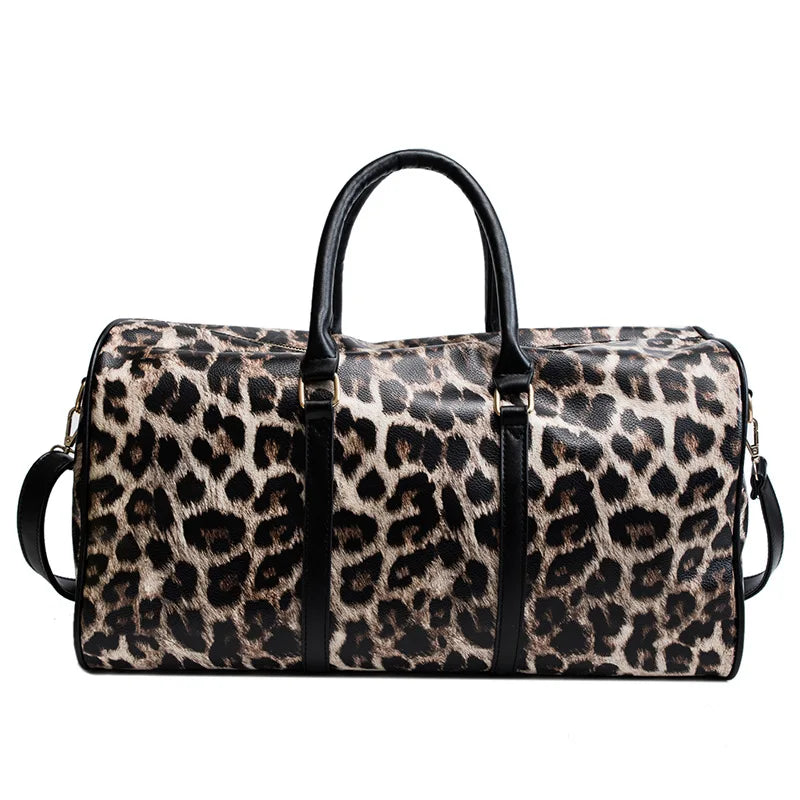 Leopard Printing PU Leather Travel Totes Ladies Big Overnight Weekend Bags Leopard Print Waterproof Travel Duffle Bag with Strap