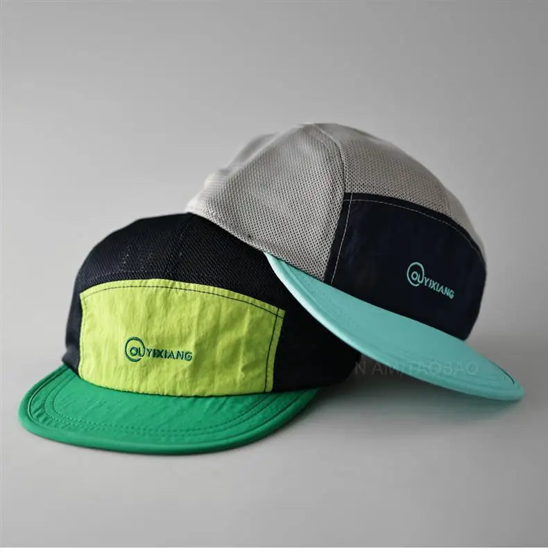 Custom Colorful Sport Running Hat Mesh 5 Panel Camping Caps Breathable RPET Recycled Snapback Duckbill Five Panel Nylon Camp Cap