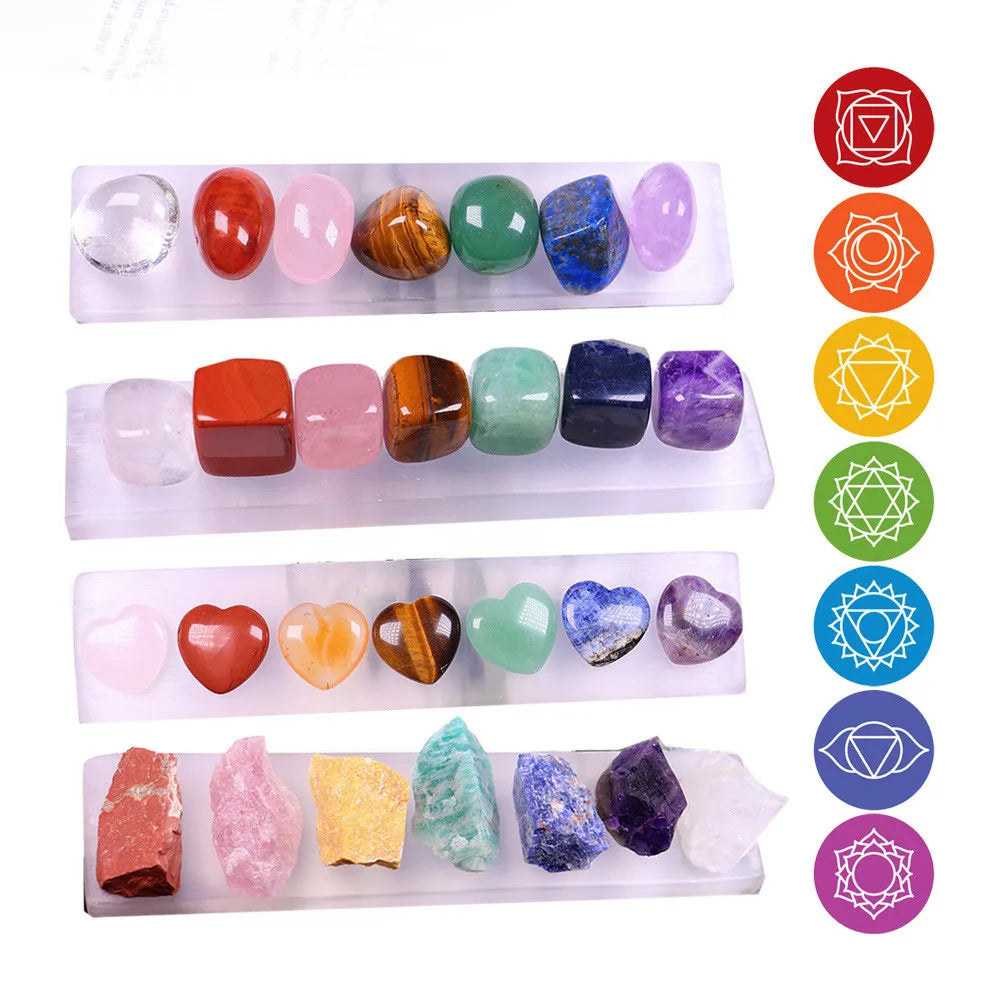 Natural Selenite Crystal 7 Chakra Gemstone Heart-shaped Tumbled Stone Healing Energy Kit Gift