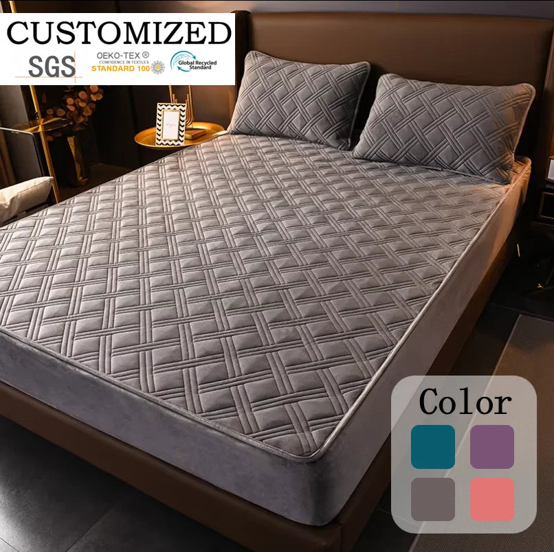 Custom Solid Plain Crystal Velvet Fleece Reactive Printing Dyeing Padded Quilted Waterproof Mattress Cover Bed Mat Protector