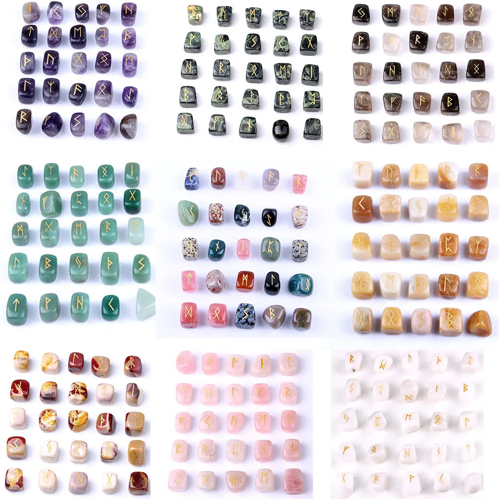 Natural Gemstone Runes Set Polished Stone Engraved Symbol 25pcs Set Crystal Chakra Healing Amethyst With Pouch