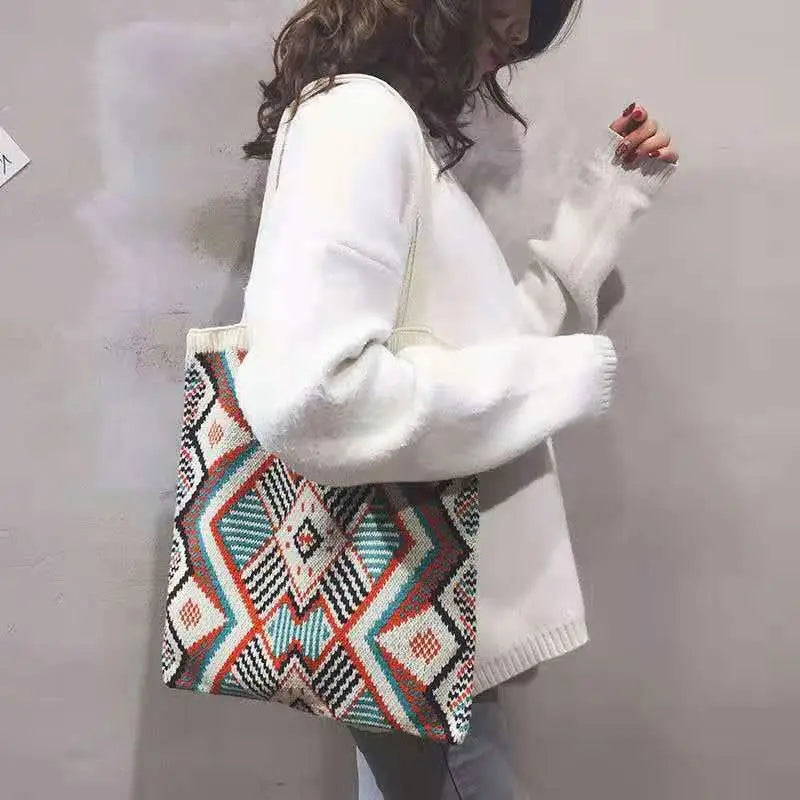 Knit Multicolor Plaid Bag One Shoulder Women's Bag Retro Trendy Tote Bag