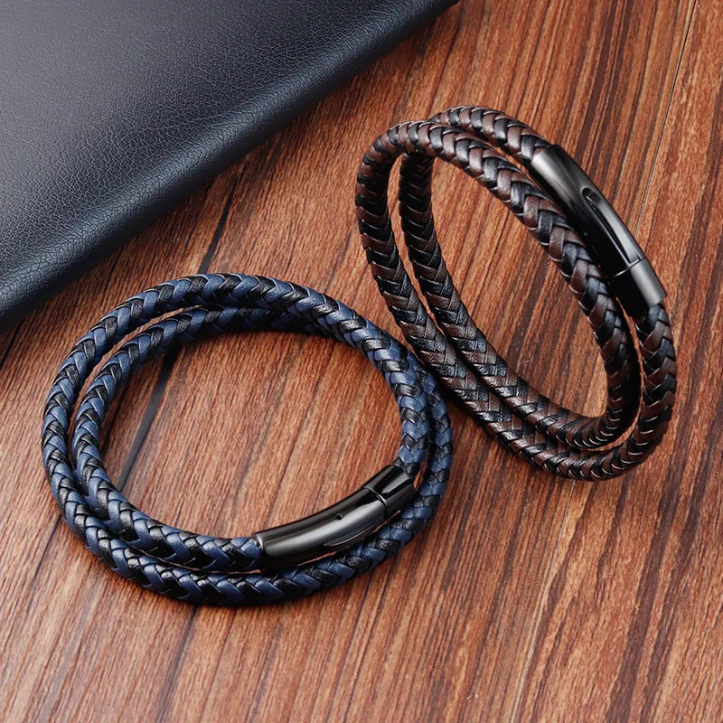 New Genuine Leather Bracelet Stainless Steel Clasp Braided Custom Bracelet for Men