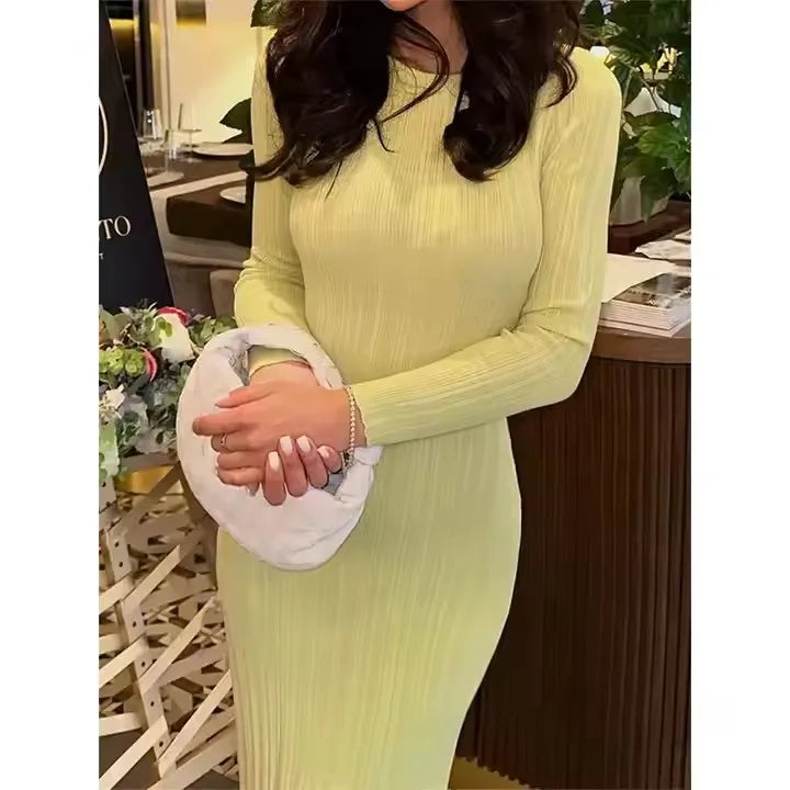 Street Party Simple Style Solid Color Long Sleeve O Neck Wrapped Pencil Dress Fall Casual Knit Ribbed Bodycon Midi Dress