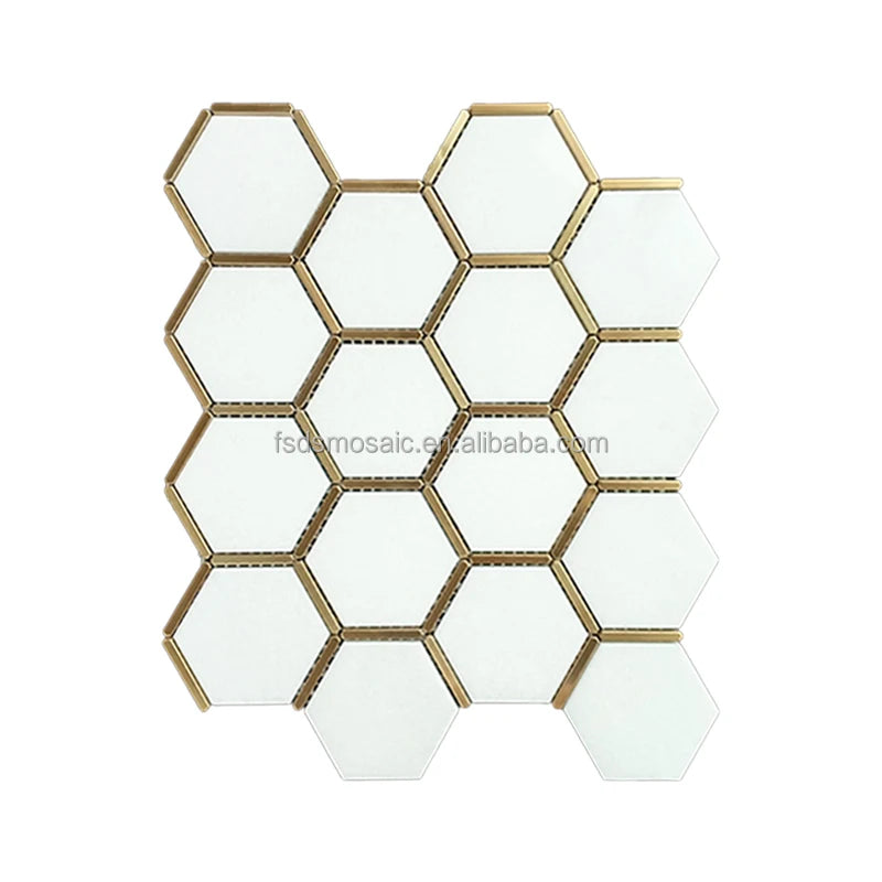 Low Price Modern Interior Haxegon Metal Mix Polished Carrara White Marble Stone Mosaic Tiles Parquet Wall for Hotels Villas