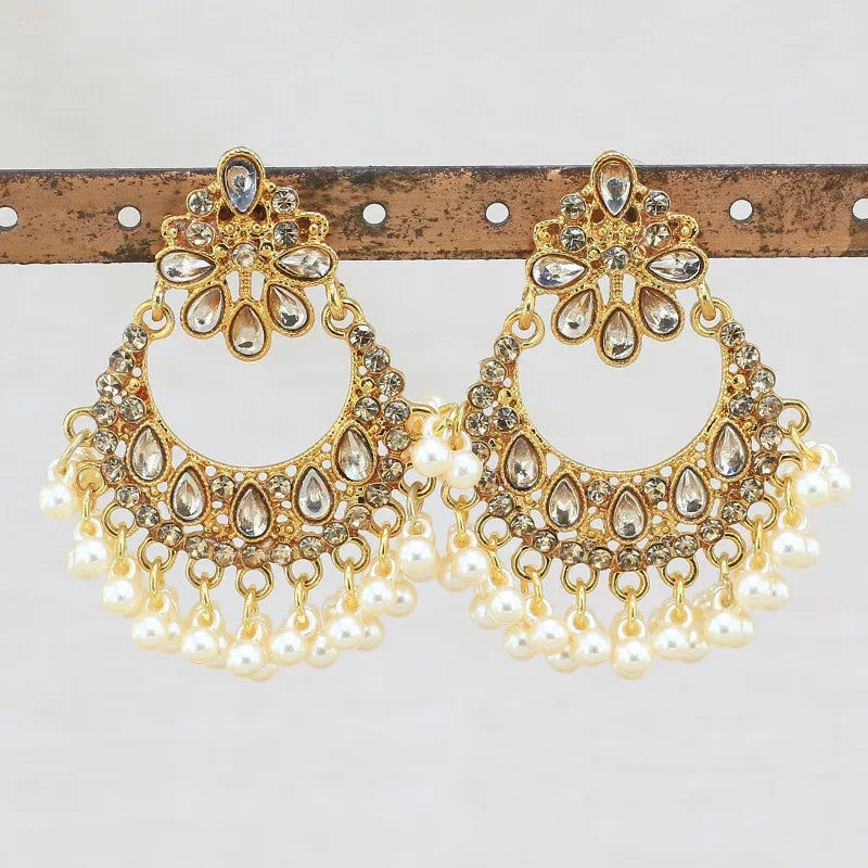Hot Sale India Gold Plated Earrings Hand Made Moon Sector Pearl Stud Earrings for Women