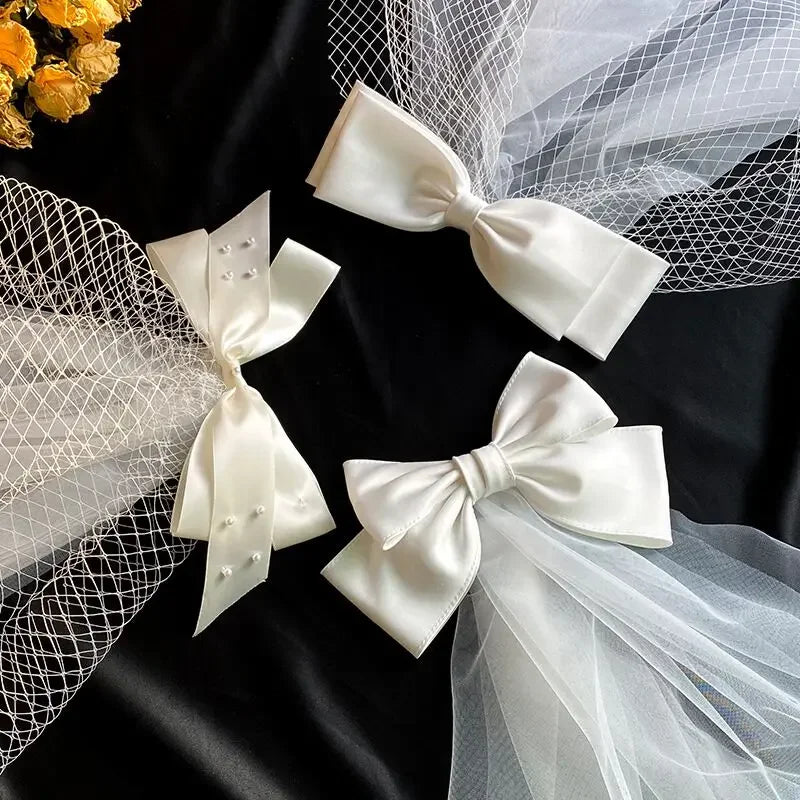 Fashion Wedding Hair Accessories White Satin Mesh Veil Bow Bride Hair Clip Bridal Veil