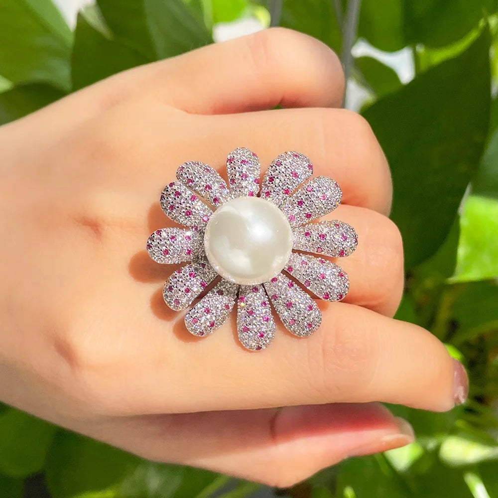 Luxury Silver Plated Cubic Zirconia Stone Resizable Wedding Big Flower Pearl Rings Jewelry for Women Engagement Dress Accessory