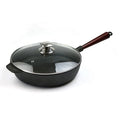 Cast Iron Saute Pan with Long Wooden Handle and Tempered Glass Lid Black 31CM Diameter Eco-Friendly