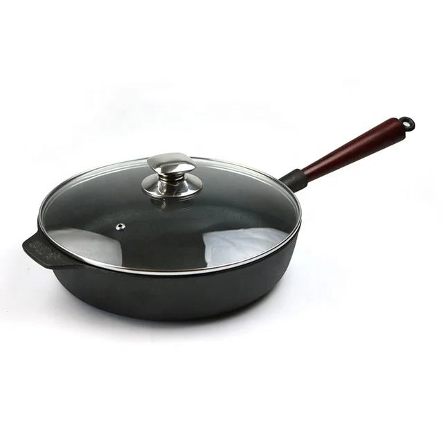 Cast Iron Saute Pan with Long Wooden Handle and Tempered Glass Lid Black 31CM Diameter Eco-Friendly