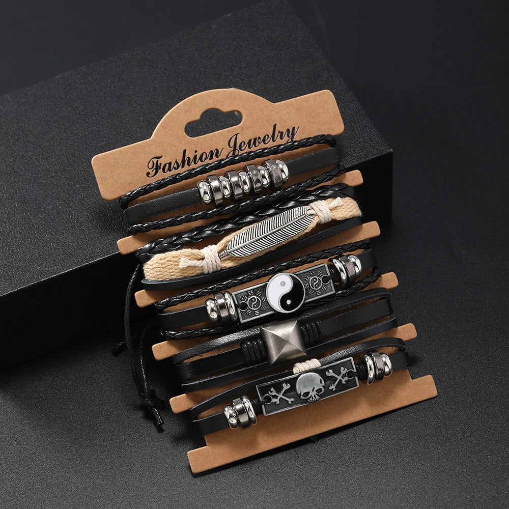 New Punk Style Men's Bracelet Tai Chi Skull Bangles Multi Leather Combination Bracelets Set Men Fashion Jewelry Bracelets