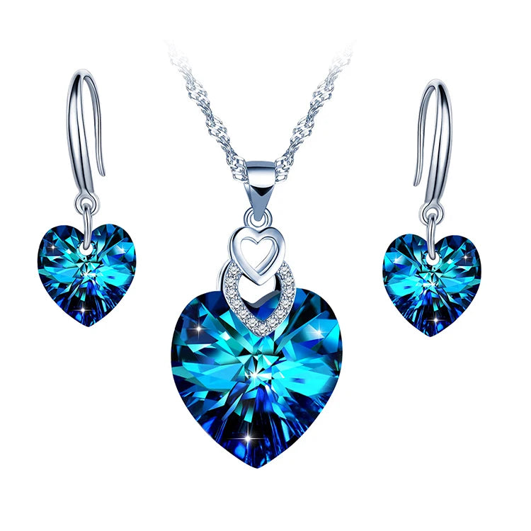 Earrings Necklaces Sets 925 Silver Heart of Ocean Crystal Jewelry Sets for Women
