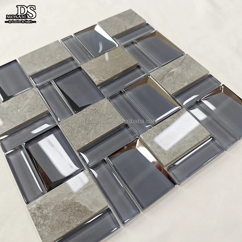 Gray square Stone & Glass Glossy Silver Plating Tile Glass Mosaic Art