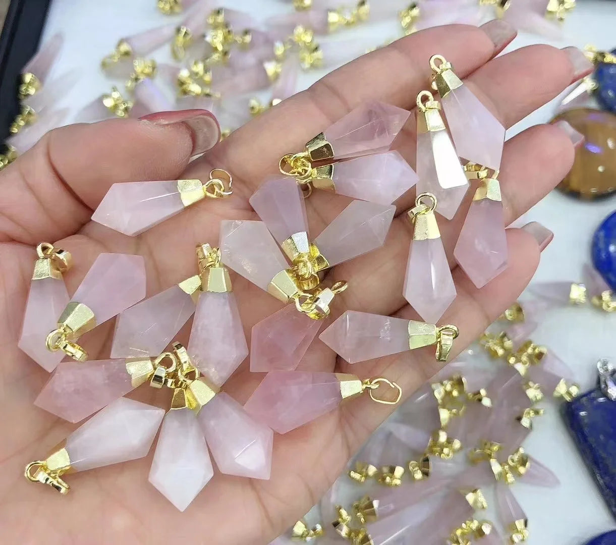 Gold Plated Children's Classic Crystal Rose Quartz Cut Cone Shape Pendants Charm DIY Jewelry Fashion Gifts