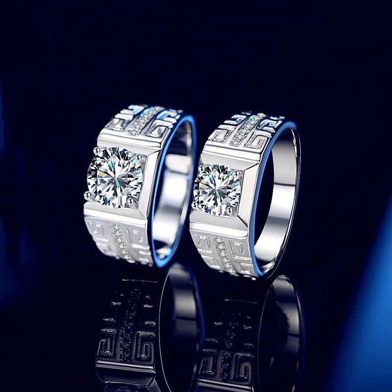Factory Wholesale 925 Sterling Silver 1CT 2CT Moissanite Wedding Ring with the Great Wall Pattern for Men'S Moissanite Rings