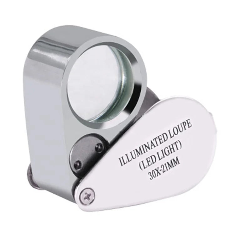 30X Metal Pocket Folding Magnifying Glass Jewelers Eye Loupe with LED Currency Detecting/Jewelry Identifying