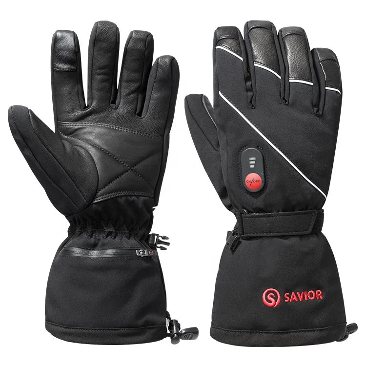SAVIOR Waterproof Warming Winter Leather Ski Gloves Windproof Touch Screen Electrical Battery Heating Heated Gloves