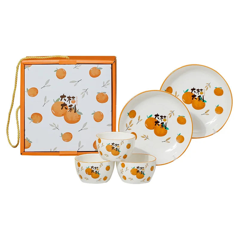 Original Design Cute Ceramic Dinnerware Set Porcelain Bowl Dish Plate Spoon Orange Pattern for Home
