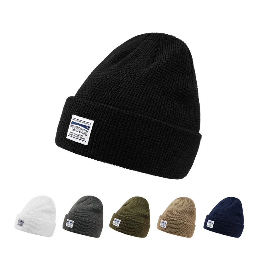 Custom Label Patch Logo Recycled Waffle Unisex Warm Acrylic Knit Beanie Hat With Custom Logo