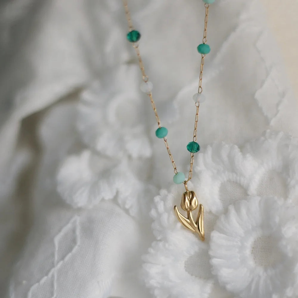 Vintage Trendy Green Natural Gemstone Tulip Flower Charms Pendant Gold Plated Necklace for Women