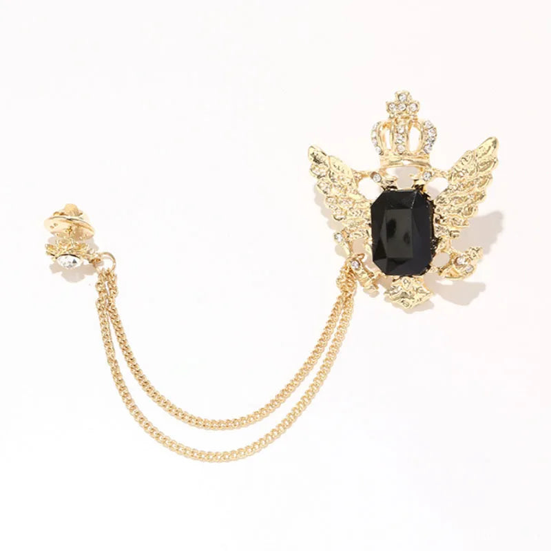 Vintage Lapel Pin Eagle Crown Chain Brooch Encrusted Rhinestones Tassel Alloy Male Suit Decorative Crystal Mens Brooches Pins