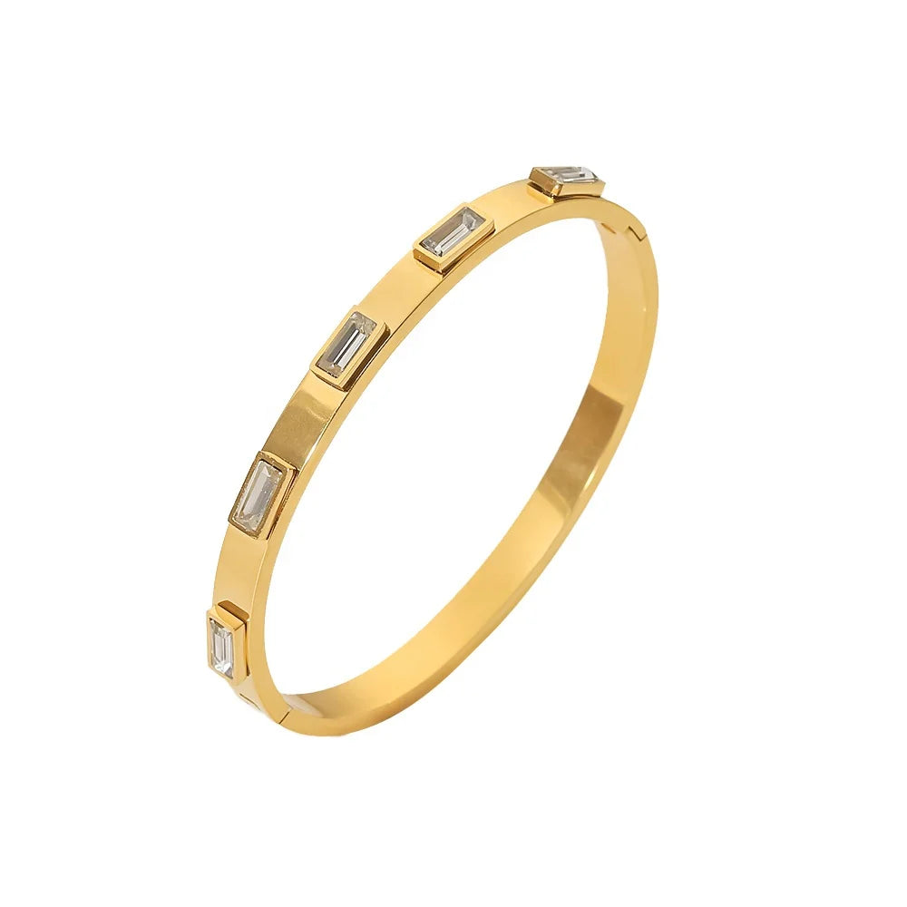 18k Gold Plated White Cubic Zirconia Bezel Setting Stainless Steel Band Bangles for Female