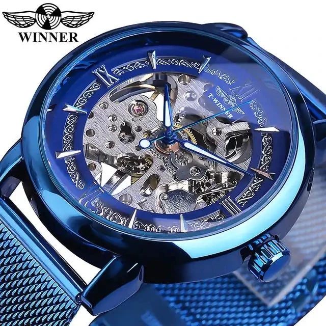 Winner New 2023 Men Blue Fashion Hand Wind Mechanical Skeleton Luminous Hands Stainless Steel Mesh Strap Business Watches