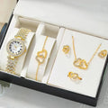 Dainty Quartz Watch With Heart Jewelry Set for Women Rhinestone Watch Double Heart Necklace Bracelet Earrings Ring Set