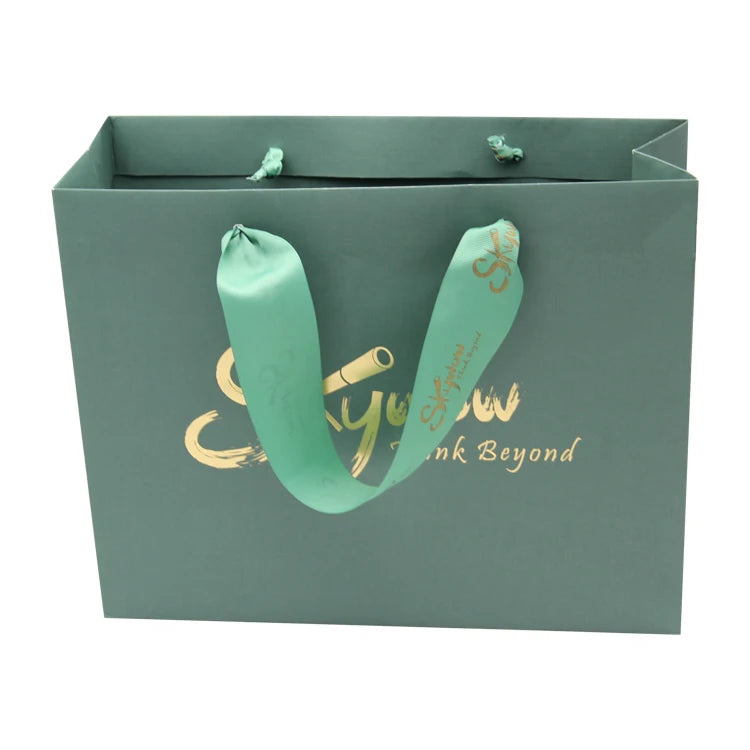 Custom logo Gift Bag Packaging Green Luxury Printed Tote Gift Bag with Grosgrain Ribbon Handle