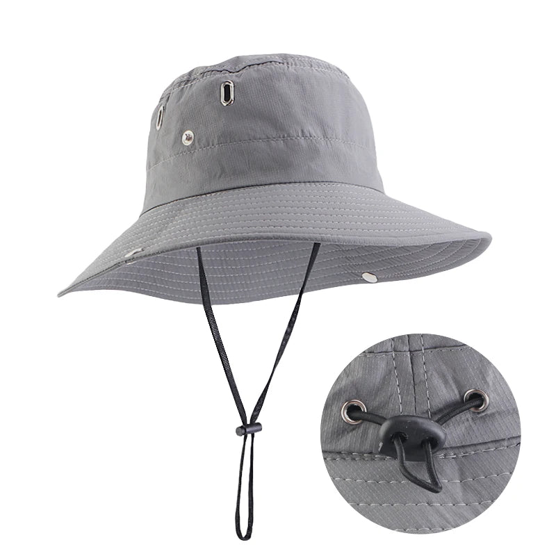 Wholesale Custom Adjustable Breathable Washed Polyester Hat With Elastic Strap Bucket Fishing Hiking Climbing Hat for Adult