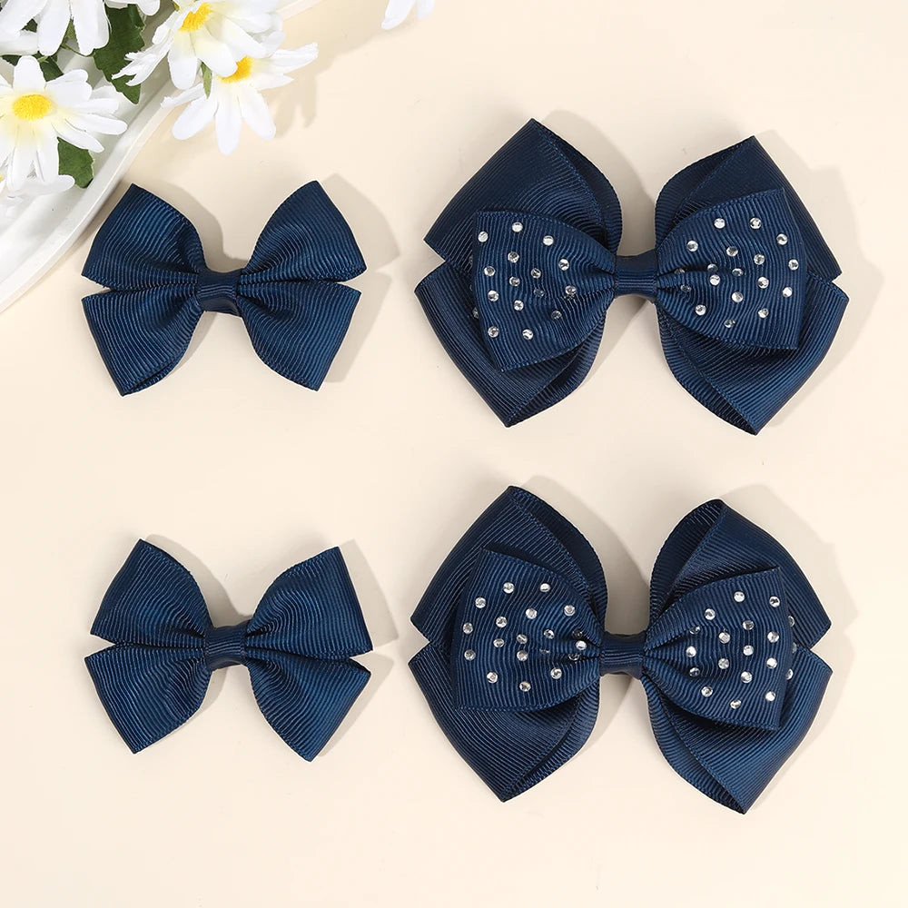 CN 4Pcs Solid Color Grosgrain Ribbon Hair Bow Clip Boutique Layer Hair Pins with Sparkly Rhinestone Hair Clip Kid Girls