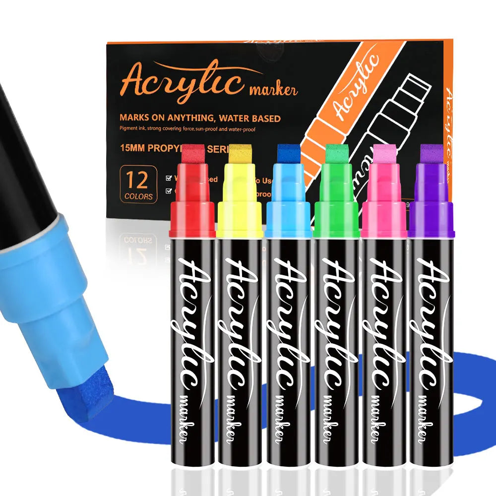 Factory Price 10mm Acrylic Paint Pen 12 Colors Waterproof Permanent Ink Jumbo Poster Marker Custom Logo Stationery Wholesaler