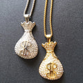 Non Tarnish Jewelry 18k Gold Plated Mens Pendant Stainless Steel Retro Iced Out Jewelry Cz Dollar Sign Money Bag Necklace