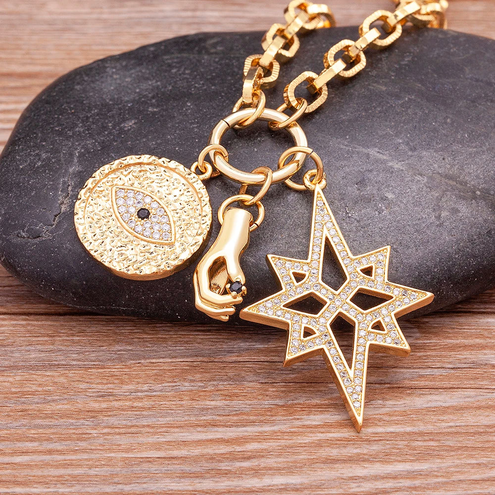 QIKU New Arrival Eye Palm Polygonal Star Pendant Gold Color Necklace Crystal Copper Zirconia Jewelry Gift Wholesale Price