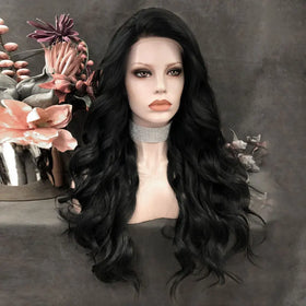 Celebrity 26inch Long Style BLACK Color Synthetic Hair Wigs Matte Heat Resistant Fiber Same Human Hair Lace Front Wig