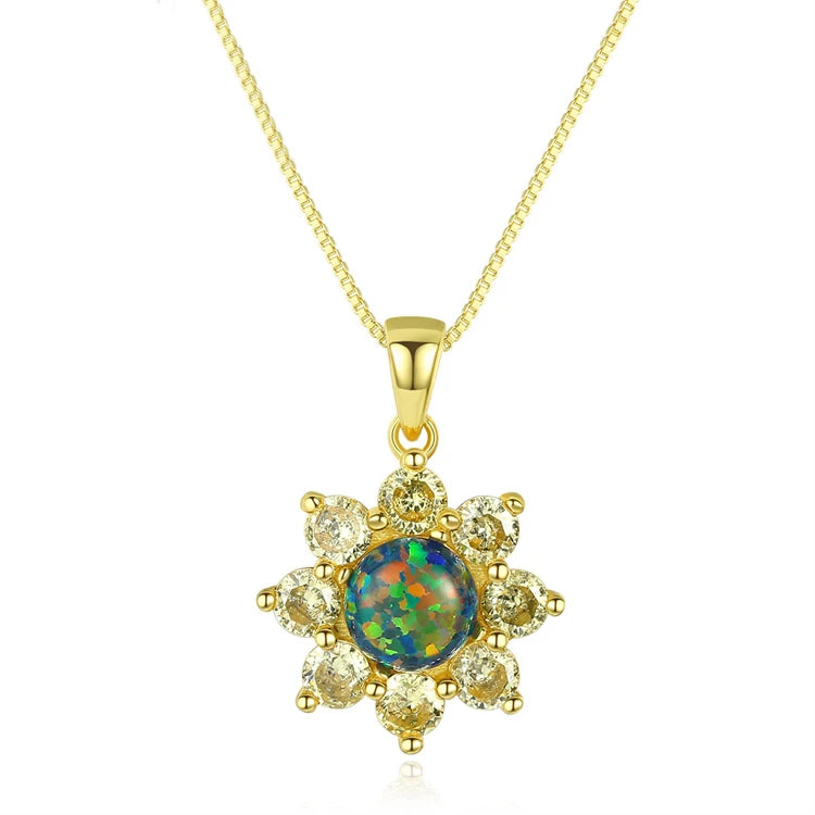 Luxury Jewelry 925 Sterling Silver 18k Gold Plated Natural Round Fire Opal Sun Flower Pendant Necklace for Women Girls