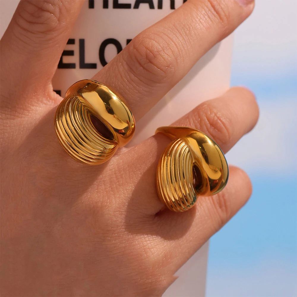 G3985 Wholesale Stainless Steel 18K Gold Plated Chunky Ring for Women Fashion Jewelry Striped Textured Interlaced Open Rings