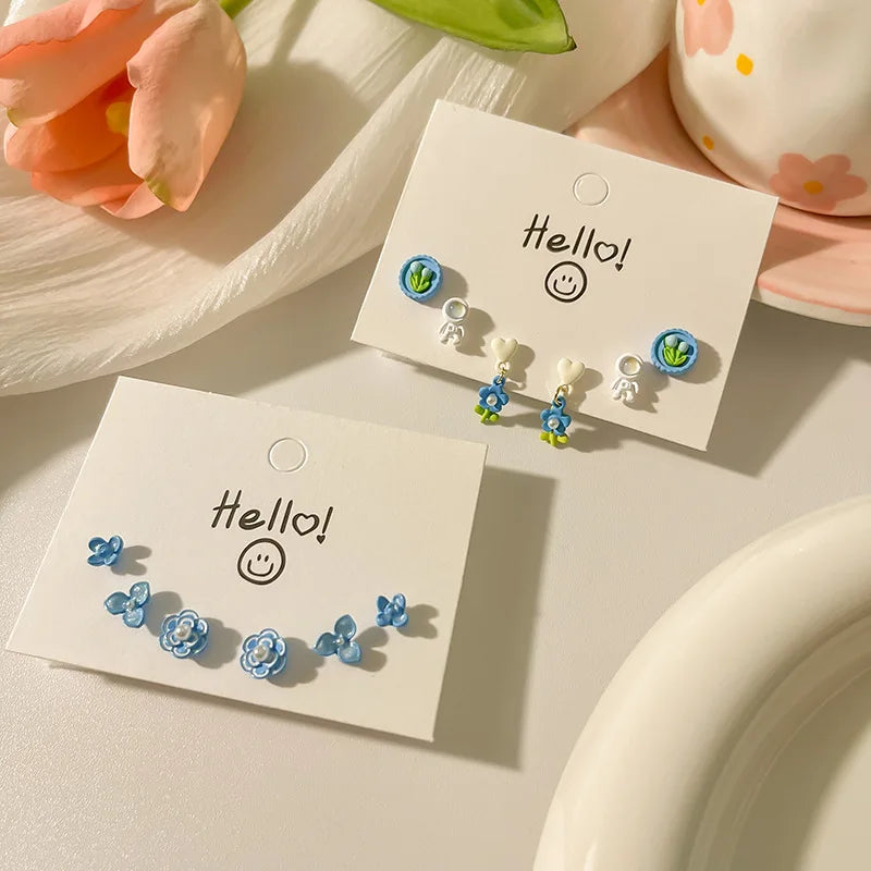 Rinhoo New Tiny Cute Earring Set Delicate Pearl Fruit Animal Tulip Flower Heart 925 Silver Needle Colorful Girl Women Earrings