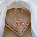 Trendy 18K Gold Plated Stainless Steel Crystal Diamond Hollow Flower Pendant Necklace for Women Girls Wedding Jewelry