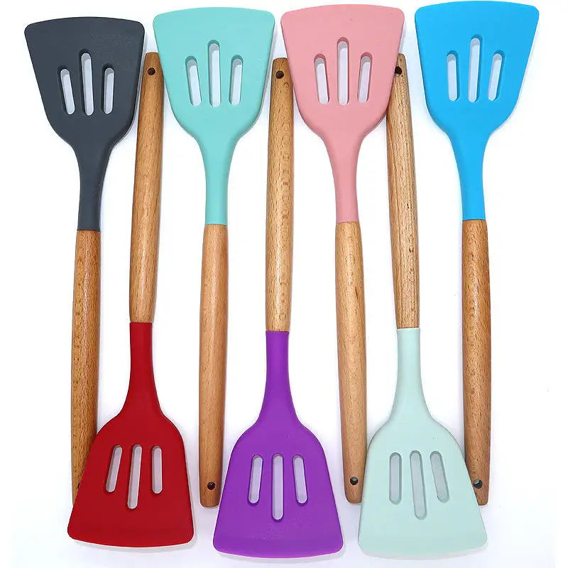 Colorful 9-Piece Rewood Kitchen Utensils Set Beech Wood Handle Silica Gel Nonstick Cooking Spatula Silicone Spoons Model
