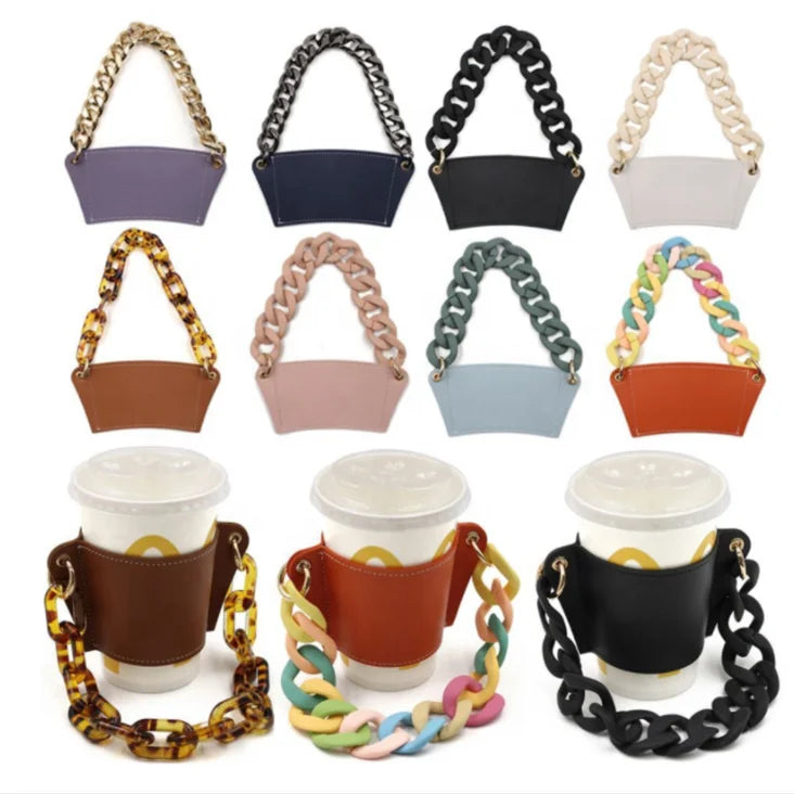 Personalized Leather Drink & Coffee Holder Cup Sleeve Travel Tea Mug Sleeve Holder with Chain Strap Gift for Coffee Lovers