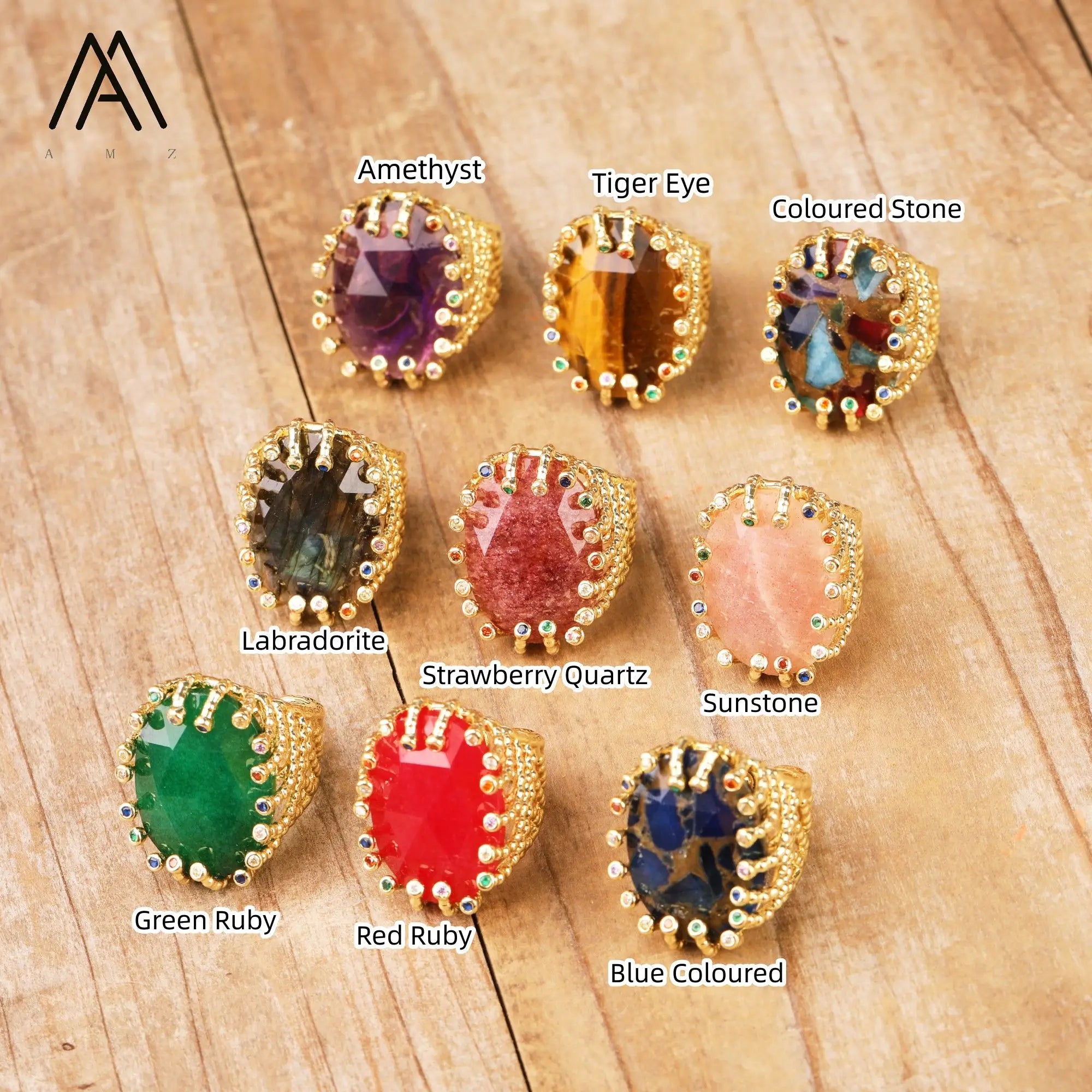Luxury Rings Natural Gemstone Healing Crystal Colourful Rhinestone Bead Statement Ring Gold Jewelry