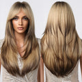 Factory Fast Delivery Long Straight Blonde Golden Brown Synthetic Wig With Bangs Layered Hair for Women Highlight Wig