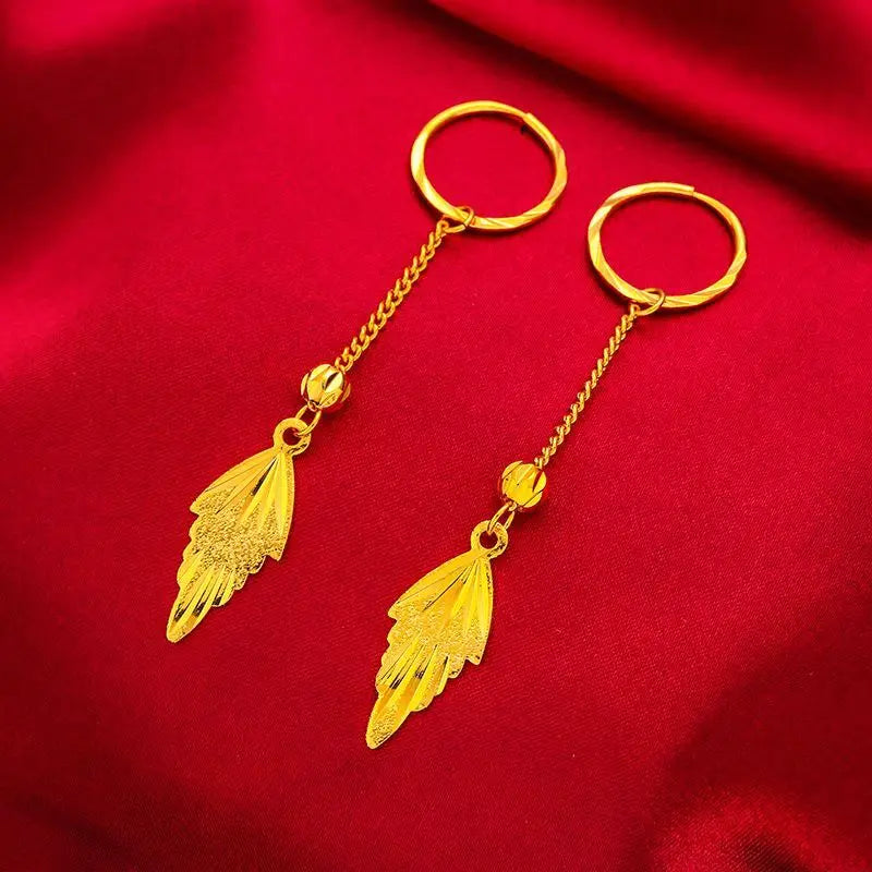 Ladies New Leaf-Shaped Earring Carven Design Long Fashion Lucky Beads Gold Plated Earrings for Women