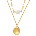 Stainless Steel Gold Plated Double Layer Freshwater Pearl Necklace Titanium Steel Layered Irregular Disc Necklace for Gift