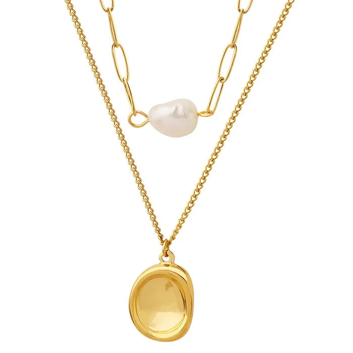 Stainless Steel Gold Plated Double Layer Freshwater Pearl Necklace Titanium Steel Layered Irregular Disc Necklace for Gift