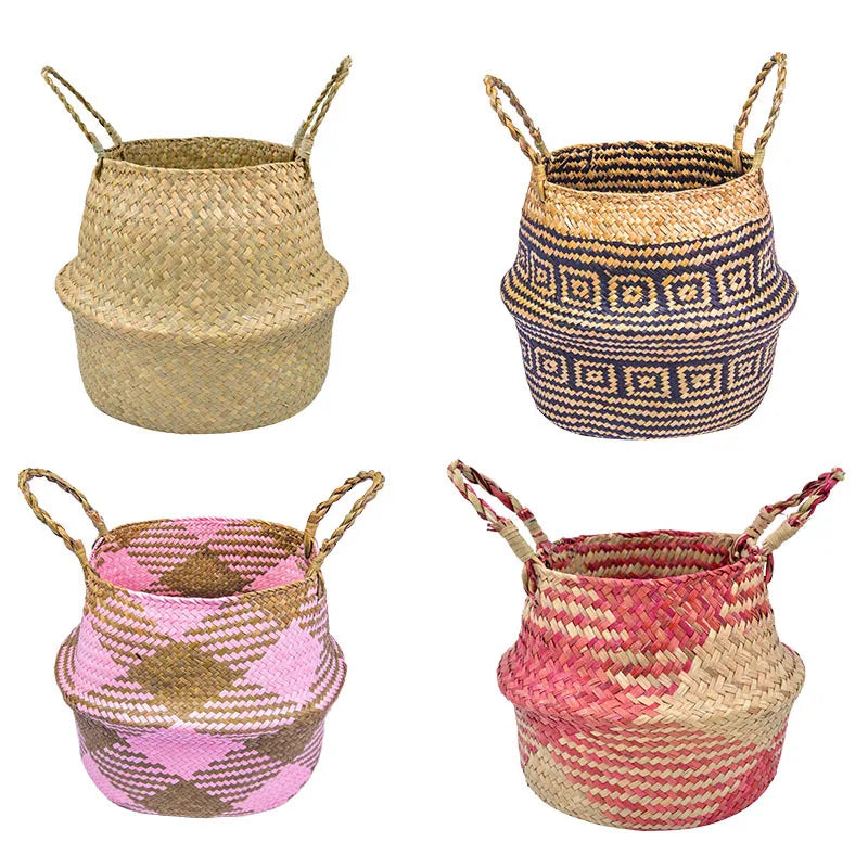 Hand-Woven Natural Print Color Laundry Household Multi Function Seagrass Basket with Two Handles for Storage Decoration